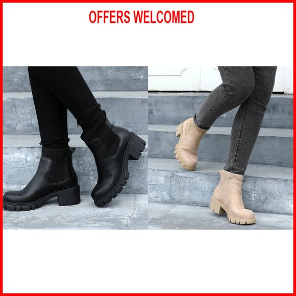 Women's Chelsea Boots Chunky Heel Lug Sole Elastic Ankle Booties Size 6-11 - Picture 6 of 6